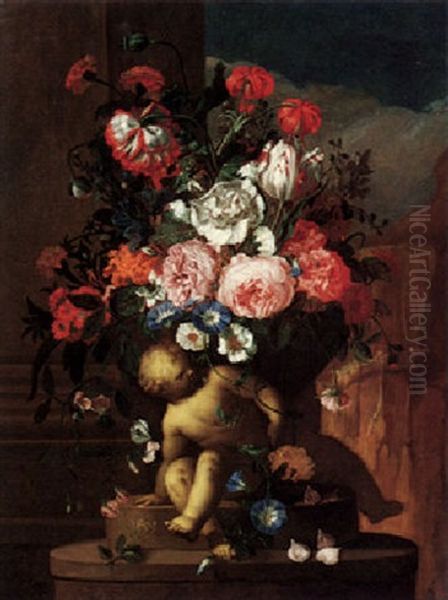 A Still Life Of Roses, Peonies, A Variegated Tulip, Carnations, Daisies, And Other Flowers In A Sculpted Urn With Marble Putti Oil Painting by Pieter Hardime