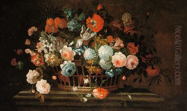 A Still Life Of A Basket Of Roses, Paeonies And Other Flowers With A Cabbage White Butterfly On A Marble Ledge Oil Painting by Pieter Hardime