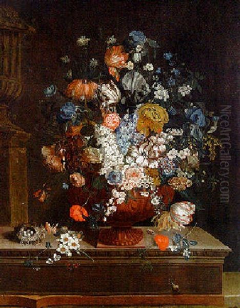 Tulips, Poppies, And Other Flowers In A Sculpted Terracotta Urn Oil Painting by Pieter Hardime