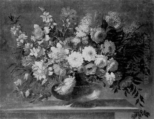 A Still Life Of Lilac, Peonies, Roses And Other Flowers In A Glass Vase On A Stone Ledge Oil Painting by Pieter Hardime