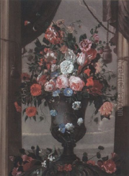 Still Life Of Flowers In Urn Framed By Draped Curtains Oil Painting by Pieter Hardime