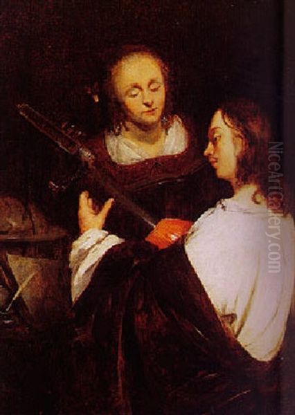 Young Man Playing A Lute, A Young Woman Standing Nearby Oil Painting by Pieter Hardime