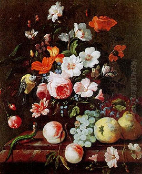 Still Life Of Flowers And Fruit On A Marble Ledge With Bird And Lizard Oil Painting by Pieter Hardime