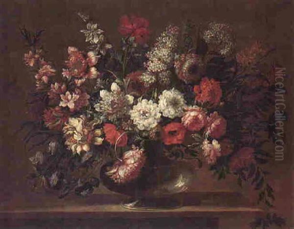 Still Life Of Flowers In A Glass Vase On A Stone Ledge Oil Painting by Pieter Hardime