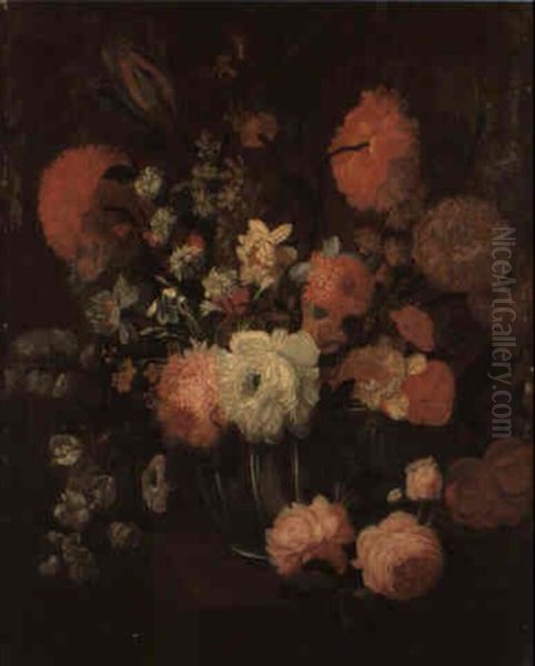 Peonies, Tulips, Roses And Other Flowers In A Ribbed Glass Bowl Oil Painting by Pieter Hardime