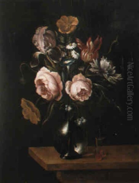 Peonis And Other Flowers In A Glass Vase With Cherries On A Ledge Oil Painting by Pieter Hardime