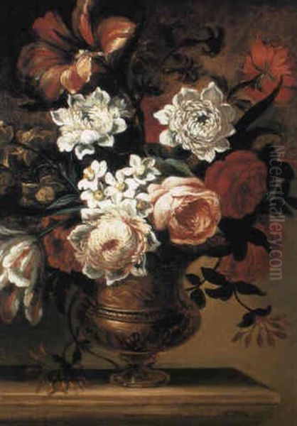 Roses, Carnations And Tulips In An Urn On A Ledge Oil Painting by Pieter Hardime