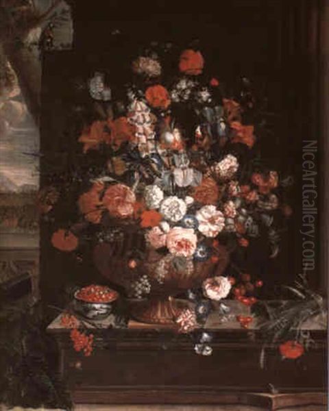 Still Life Of Flowers In A Terracotta Urn, Cherries, Redcurrants And Fraises De Bois On A Stone Ledge With A This Oil Painting by Pieter Hardime