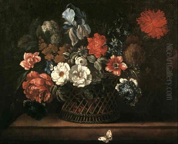 A Still Life Of Assorted Flowers Including Roses, An Iris   And Poppies In A Wicker Basket Upon A Stone Ledge Oil Painting by Pieter Hardime