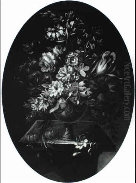 Peonies And Other Flowers In An Urn On A Plynth Oil Painting by Pieter Hardime