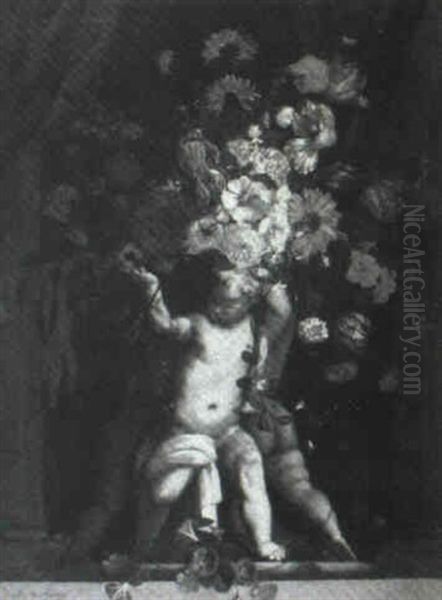 Bouquet Of Flowers In An Urn Supported By Three Stone Putti Oil Painting by Pieter Hardime