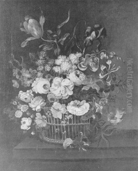 Still Life Of Roses, Tulips, Irises, Marigolds, Poppies And Other Flowers In A Basket Upon A Ledge Oil Painting by Pieter Hardime