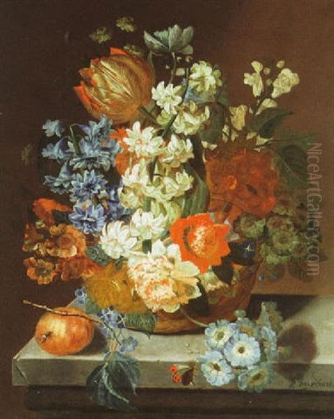 Still Life With A Bouquet Of Mixed Flowers, An Orange, And A Butterfly All On A Ledge Oil Painting by Pieter Hardime