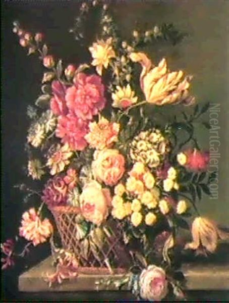 A Still Life Of Assorted Flowers Including Honeysuckle,     Primulas, Tulips And Roses In A Wicker Basket... Oil Painting by Pieter Hardime