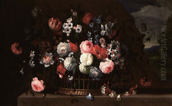 Still Life Of Flowers In A Basket On A Ledge, A Distant     Landscape Beyond Oil Painting by Pieter Hardime