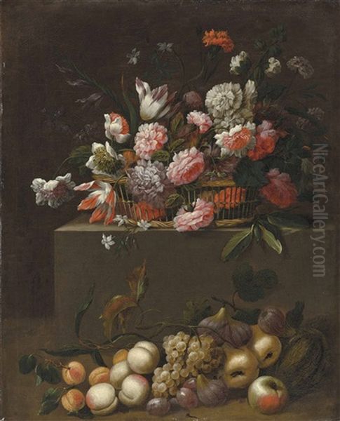 Flowers In A Basket On A Plinth, With Scattered Fruits On The Ground Oil Painting by Simon Hardime