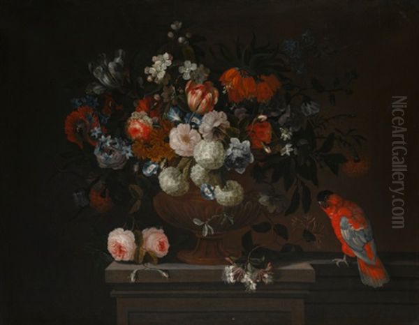 Still Life Of Flowers With Roses, Tulips And Hydrangeas In A Bronze Urn On A Stone Pedestal, Together With A Parrot Oil Painting by Simon Hardime