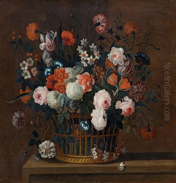 Still Life With Flowers In A Woven Basket On A Table Oil Painting by Simon Hardime