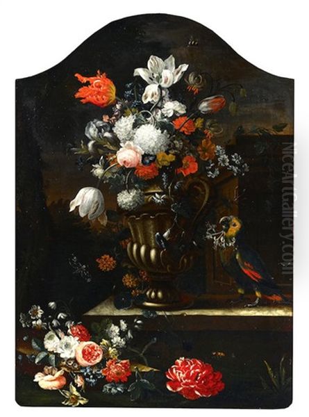 A Still Life With Flowers In A Vase And A Parrot On A Ledge Arched Top Oil Painting by Simon Hardime