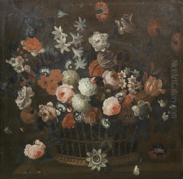 Roses, Tulips, Narcissi And Other Flowers In A Wicker Basket On A Stone Ledge With A White Butterfly Oil Painting by Simon Hardime