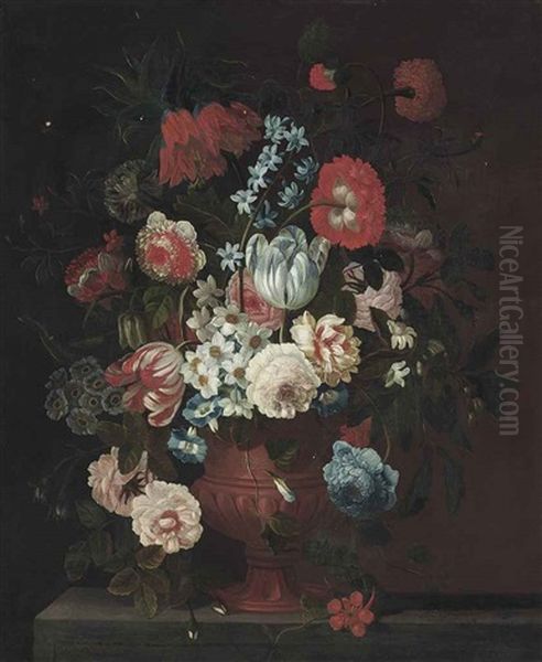 Tulips, Narcissi, Roses, Peonies, Carnations And Other Flowers In A Vase On A Ledge Oil Painting by Simon Hardime