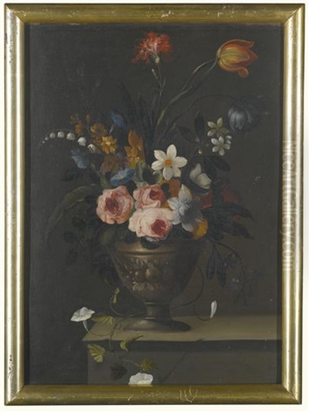 Still Lifes Of Flowers In Sculpted Urns Upon Stone Ledges (3 Works) Oil Painting by Simon Hardime