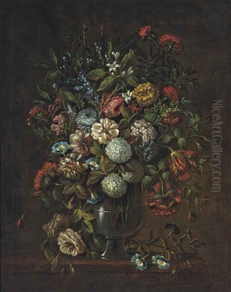 Snowballs, Poppies, Tulips, Convolvulus And Other Flowers In A Glass Vase On A Ledge Oil Painting by Simon Hardime