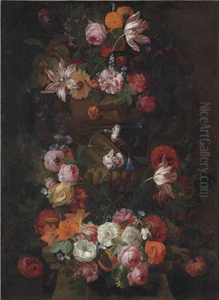 Parrot Tulips, Roses, A Sunflower And Other Flowers In A Sculpted Urn, With A Garland Of Roses, Lilies, Morning Glory And Other Flowers Around A Column Oil Painting by Simon Hardime