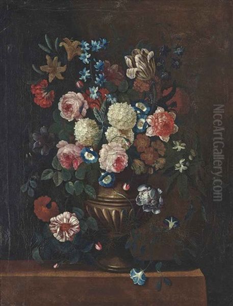 Roses, Snowballs, Convolvulus And Other Flowers In An Urn On A Stone Ledge Oil Painting by Simon Hardime