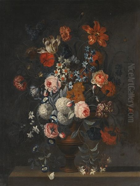 Arrangement Of Tulips, A Peonie, Forget-me-not And Other Flowers In A Vase On A Ledge Oil Painting by Simon Hardime