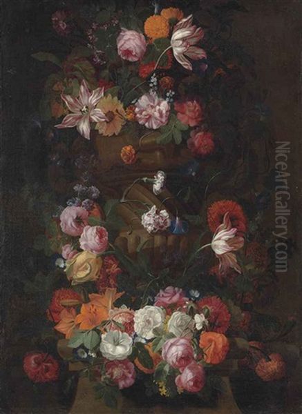 Parrot Tulips, Roses, A Sunflower And Other Flowers In A Sculpted Urn, With A Wreath Of Roses, Lilies, Morning Glory And Other Flowers Around A Column Oil Painting by Simon Hardime