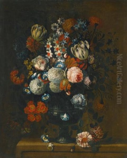 Still Life Of Roses, Variegated Tulips, Peonies, Daffodils And Other Flowers In A Sculpted Vase Oil Painting by Simon Hardime