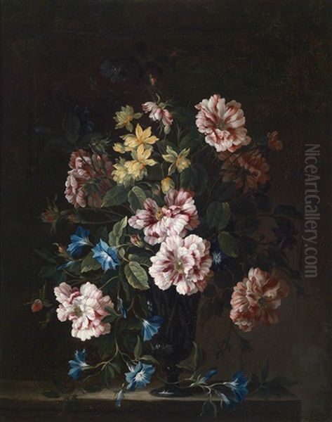 Ein Stillleben Mit Rosen, Veilchen, Narzissen Und Anderen Blumen In Einer Glasvase Oil Painting by Simon Hardime