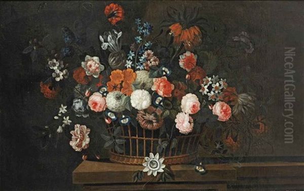 A Wicker Basket With Roses, Tulips, Hyacinths And Other Flowers, On A Wooden Ledge Oil Painting by Simon Hardime