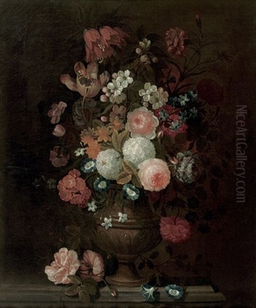 Roses, Tulips, Carnations, Morning Glory And Various Other Flowers In A Vase, On A Stone Ledge Oil Painting by Simon Hardime