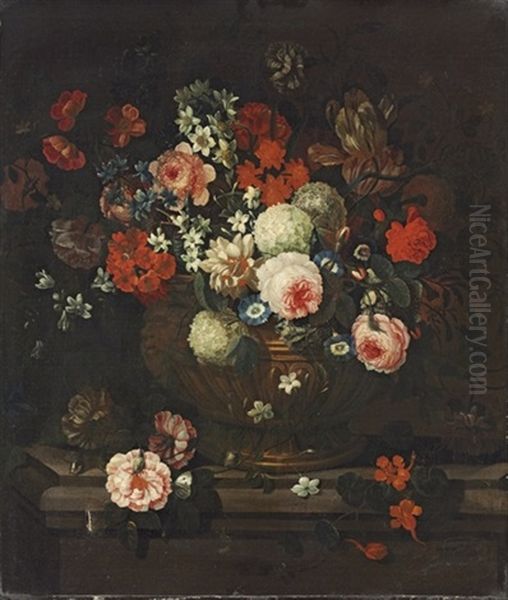 Roses, Tulips, Chrysanthemums And Other Flowers In A Sculptural Urn Oil Painting by Simon Hardime