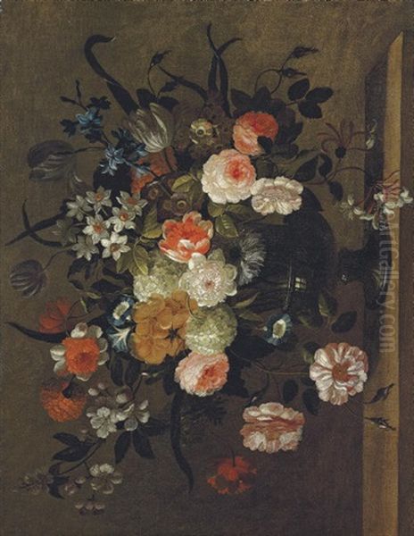 Roses, Carnations, Morning Glory, Bluebells, Honeysuckle And Other Flowers In A Classical Urn Oil Painting by Simon Hardime