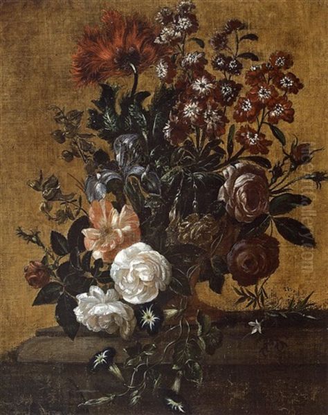 Still Life With Tulips, Morning Glories, Iris, Roses, And Other Flowers On A Stone Table by Simon Hardime