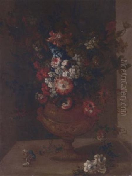 Carnations, Tulips, Narcissi, Morning Glory And Other Flowers In A Vase In A Niche Oil Painting by Simon Hardime