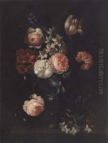 Roses, Tulips, Narcissi, Morning Glory And Delphiniums With Other Flowers In A Glass Vase On A Ledge Oil Painting by Simon Hardime