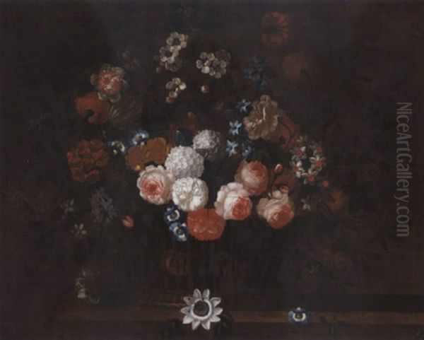 Roses, Morning Glory, Narcissi And Other Flowers In A Basket On A Ledge Oil Painting by Simon Hardime