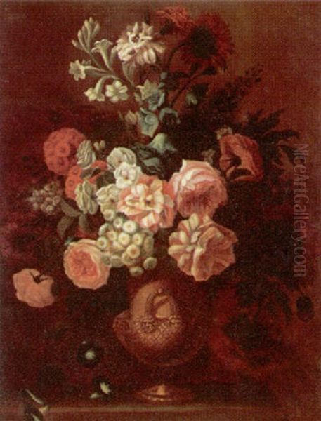 Still Life Of Mixed Flowers In A Gilt Ormolu Vase Oil Painting by Simon Hardime