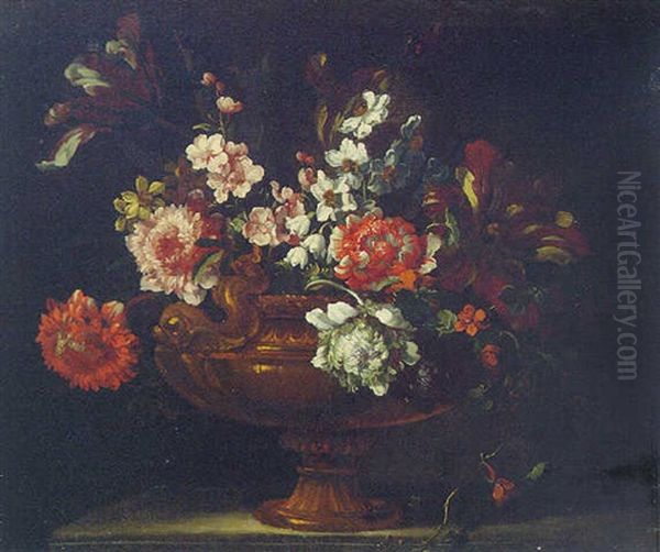 Carnations, Parrot Tulips, Narcissi And Other Flowers In An Urn On A Ledge Oil Painting by Simon Hardime