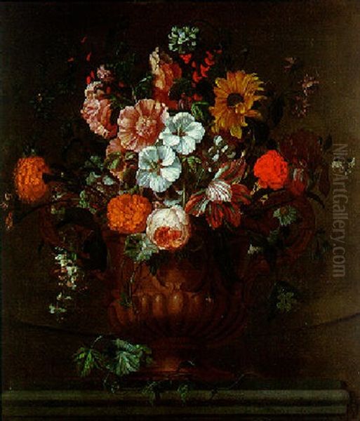 Bouquet De Fleurs Dans Un Vase A Godrons Sur Un Entablement Oil Painting by Simon Hardime