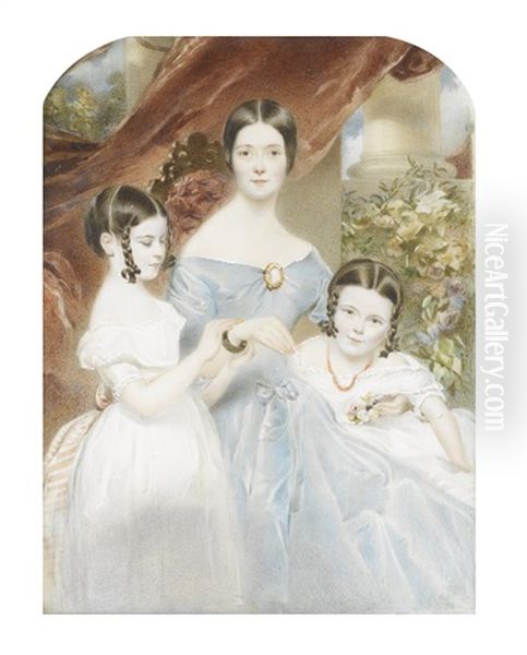 Lady Elizabeth Deane (nee O'callaghan Newenham) (d.1851) And Her Daughters, Susanna Adelaide (1837-1919) And Olivia Louise (b.1838) Oil Painting by Edward J. Harding