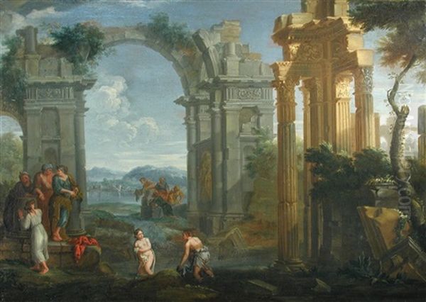 A Classical Capriccio With Maidens Bathing In A River Amidst Classical Ruins Oil Painting by Francis Harding