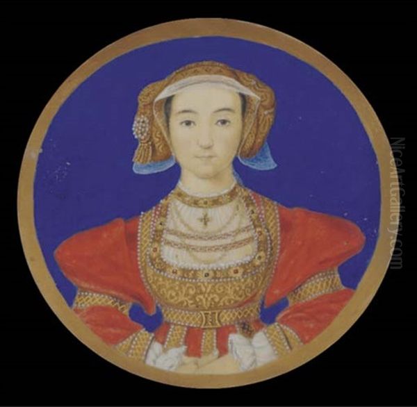 Anne Of Cleves, In Scarlet Dress Decorated With Gold Embroidery, Ribbon And Jewels, Wearing A Gold Gable Hood With Pearls, And Necklaces (after Hans Holbein The Younger) Oil Painting by George Perfect Harding