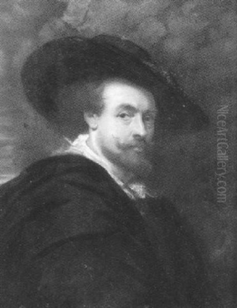 A Self-portrait, Wearing Black Cloak Over Brown Doublet, White Lace Collar And Wide Brimmed Black Hat Oil Painting by George Perfect Harding