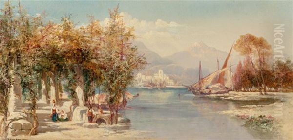 Italian Lake With Sailboats And Figures Collecting Water, 1887 Oil Painting by James Duffield Harding