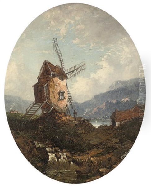 A Windmill Beside A Lake Oil Painting by James Duffield Harding